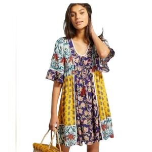 Pilka by Anthropologie Bohemian Patchwork Floral Print Ruffle Sleeve Dress XL